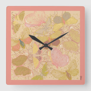 Chic Gold Leaf and Butterfly Pink Background Square Wall Clock