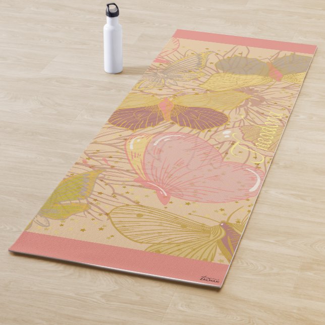 Chic Gold Leaf and Butterfly Pink Background Yoga Mat (In Situ)