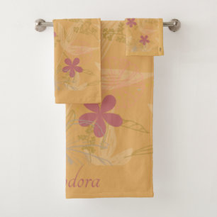 Chic Gold Leaf Flower Peach Violet Pattern Bath Towel Set