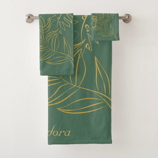 Chic Gold Leaf Green Background Bath Towel Set (Insitu)