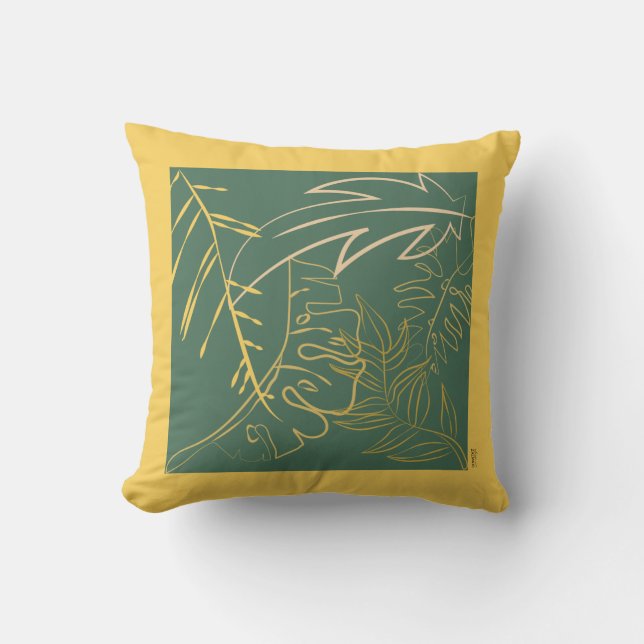 Chic Gold Leaf Green Background Cushion (Front)