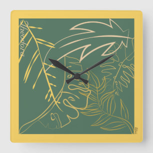 Chic Gold Leaf Green Background Square Wall Clock