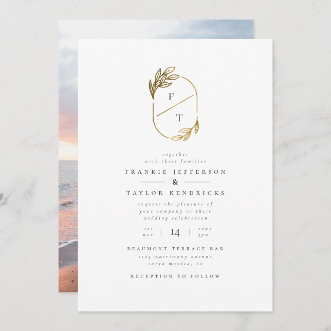 Chic Gold Leaf Monogram | Minimalist Wedding Photo Invitation (Front/Back)