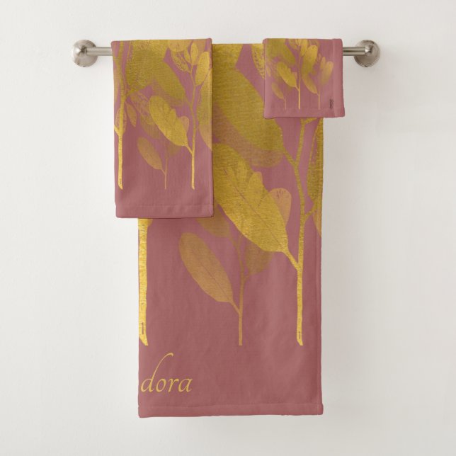 Chic Gold Leaf Purple Classic Background Bath Towel Set (Insitu)