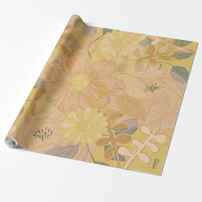 Chic Gold Leaf Violet Floral Background Wrapping Paper (Unrolled)