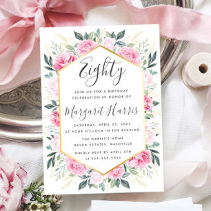 Chic Gold Leaves Pink Floral 80th Eighty Birthday Invitation