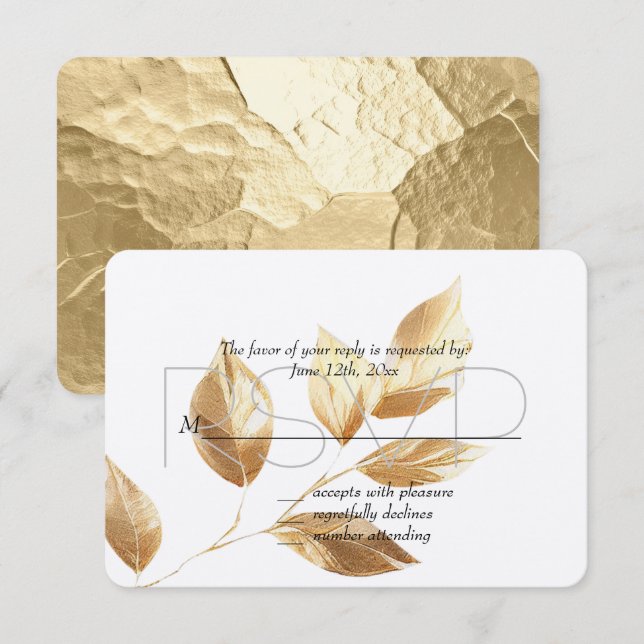 Chic Gold Leaves Wedding RSVP Card (Front/Back)