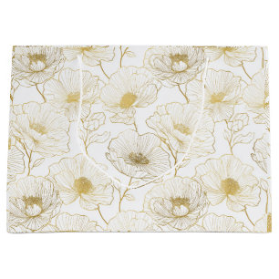 Chic Gold Line Flower White Floral Pattern Large Gift Bag