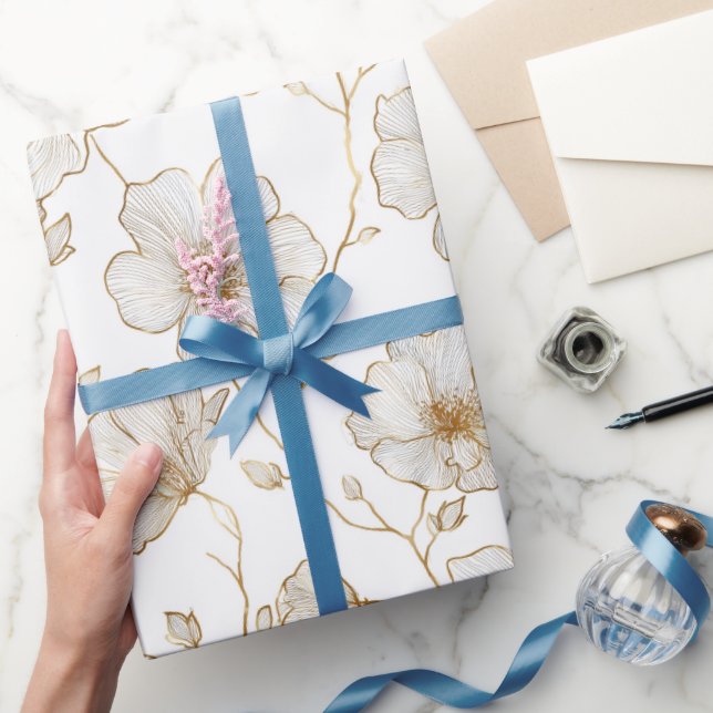 Chic Gold Line Flower White Floral Pattern Wrapping Paper (Gifting)