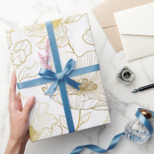 Chic Gold Line Flower White Floral Pattern Wrapping Paper