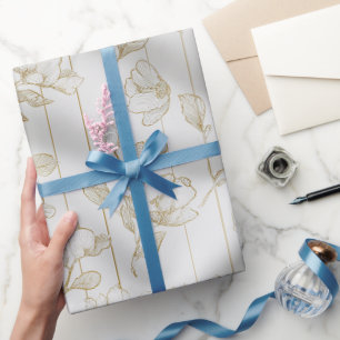 Chic Gold Line Flower White Floral Pattern Wrapping Paper