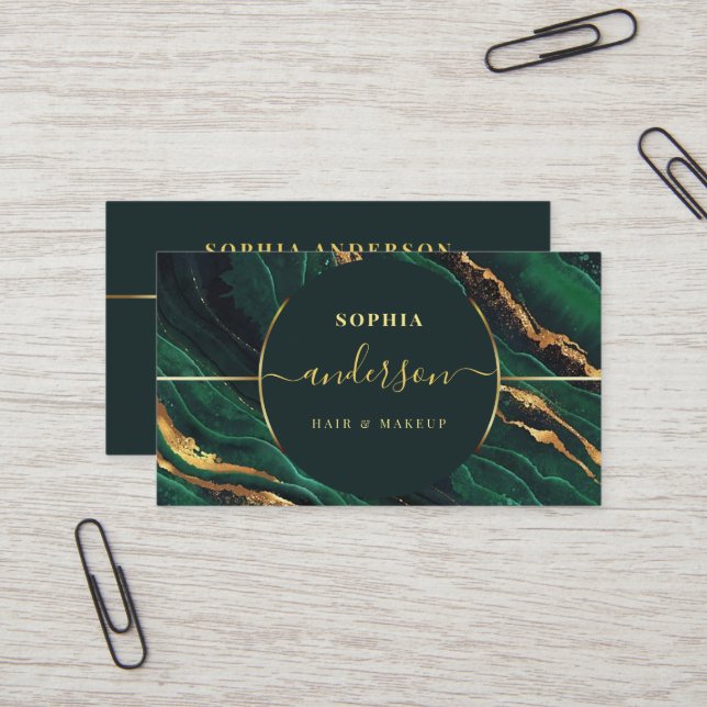 Chic Gold Logo circle & Dark Green Agate Glitter Business Card (Front/Back In Situ)