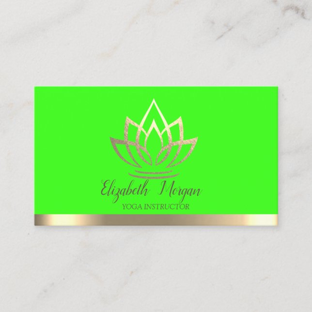 Chic Gold Lotus Flower Yoga Instructor Green Neon Business Card (Front)