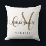 Chic Gold M Monogram Script Name Wedding Date Cushion<br><div class="desc">Chic, modern gold monogrammed wedding outdoor pillow with your names and year established in black elegant hand lettered script calligraphy and classic typography with a gold M monogram on a white background. Simply add your names, monogram and year established beneath. Stylish design and perfect wedding table decor. Contact me for...</div>