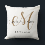 Chic Gold M Monogram Script Name Wedding Date Cushion<br><div class="desc">Chic, modern gold monogrammed wedding outdoor pillow with your names and year established in black elegant hand lettered script calligraphy and classic typography with a gold M monogram on a white background. Simply add your names, monogram and year established beneath. Stylish design and perfect wedding table decor. Contact me for...</div>