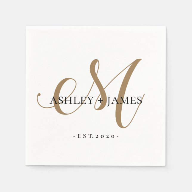  Chic Gold M Monogram Script Name Wedding Date Napkin (Front)