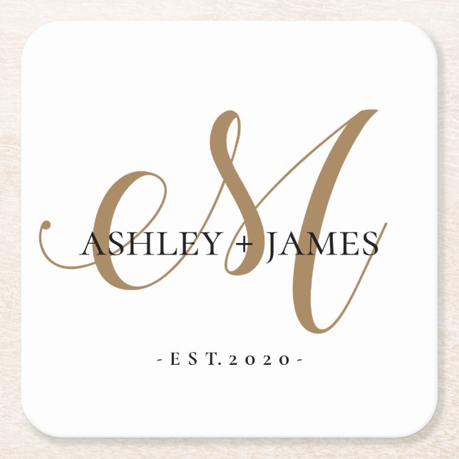  Chic Gold M Monogram Script Name Wedding Date Square Paper Coaster (Front)