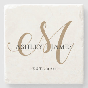 Chic Gold M Monogram Script Name Wedding Date Stone Coaster