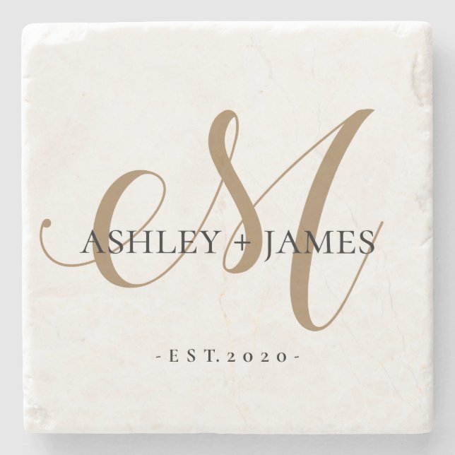  Chic Gold M Monogram Script Name Wedding Date Stone Coaster (Front)