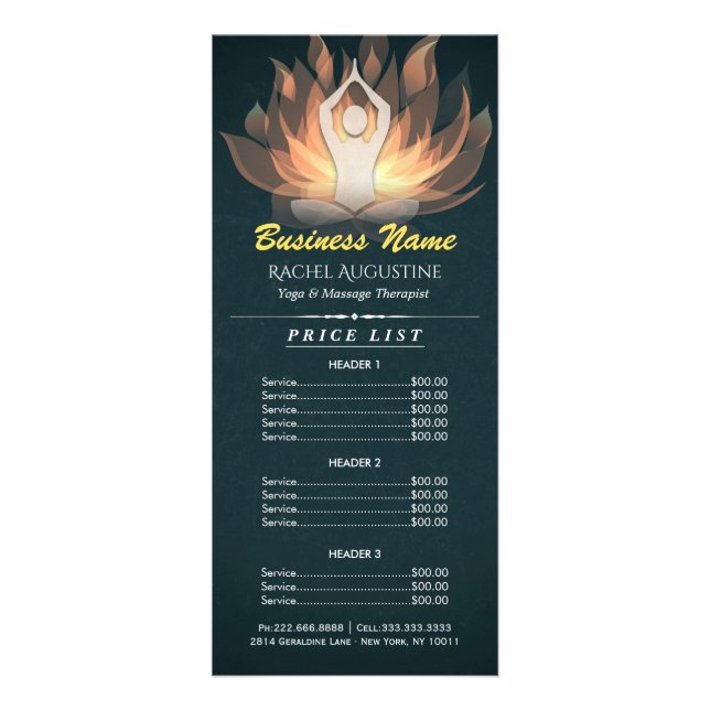Chic Gold Mandala Lotus Yoga Meditation Price List Rack Card (Front)