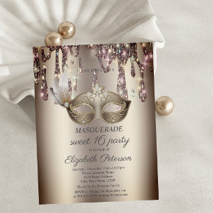 Chic Gold Masque,Drips,Masquerade Sweet 16 Invitation Postcard