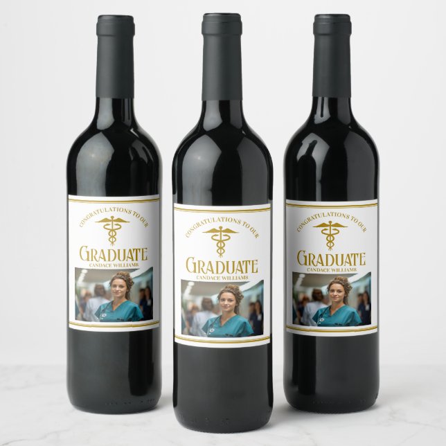 Chic Gold Medical School Photo Graduation Party Wine Label (Bottles)