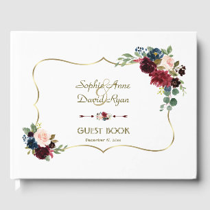Chic Gold Merlot Navy Blue Floral Wedding Guest Book