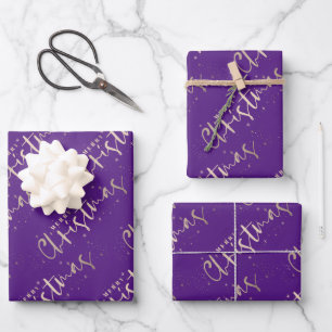 Chic Gold Merry Christmas on Purple Wrapping Paper Sheet