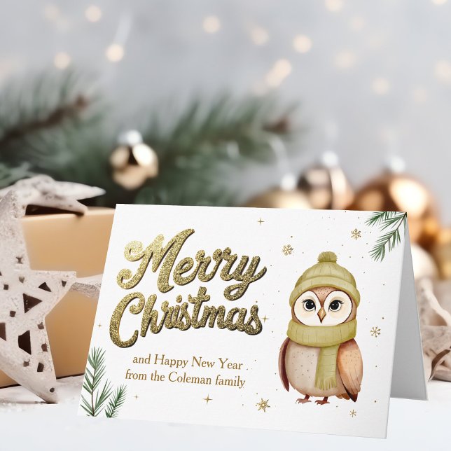 Chic Gold Merry Christmas Owl Woodland Animal Holiday Card (Creator Uploaded)