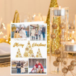 Chic Gold Merry Christmas Trees Photo Collage Holiday Card<br><div class="desc">A chic gold script Christmas card with your family photo collage around a beautiful tree made of golden snowflakes with Merry Christmas and Happy New Year on the front in cursive. Personalise with your 4 favourite kids photos on the front and a full vertical photograph on inside left of this...</div>