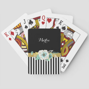 Chic Gold Mint Flowers With Black Stripes and Name Playing Cards