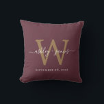 Chic Gold Monogram Burgundy Wedding Date Keepsake Cushion<br><div class="desc">Elegant monogrammed wedding keepsake pillow with your names and wedding date in white handwritten chic script calligraphy and gold monogram in modern typography on a burgundy background. Simply add your names, monogram and wedding date. Great gift for a newlywed couple. Exclusively designed for you by Happy Dolphin Studio. If you...</div>