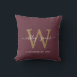 Chic Gold Monogram Burgundy Wedding Date Keepsake Cushion<br><div class="desc">Elegant monogrammed wedding keepsake pillow with your names and wedding date in white handwritten chic script calligraphy and gold monogram in modern typography on a burgundy background. Simply add your names, monogram and wedding date. Great gift for a newlywed couple. Exclusively designed for you by Happy Dolphin Studio. If you...</div>