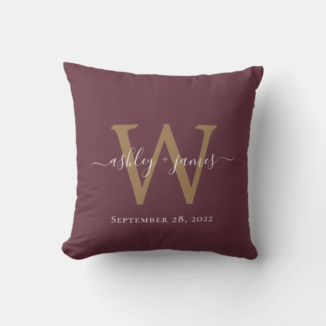 Chic Gold Monogram Burgundy Wedding Date Keepsake Cushion (Front)