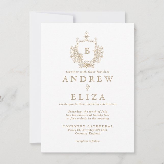 Chic Gold Monogram Crest Wedding Invitation (Front)