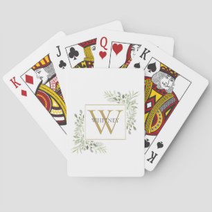 Chic Gold Monogram Greenery Personalised Playing Cards