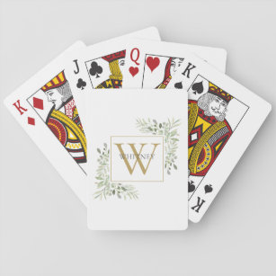 Chic Gold Monogram Greenery Personalised Playing Cards