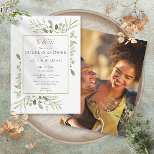 Chic Gold Monogram Greenery Photo Couples Shower Invitation