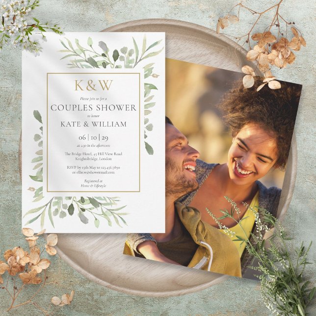 Chic Gold Monogram Greenery Photo Couples Shower Invitation (Chic Gold Monogram Greenery Photo Couples Shower Invitation)