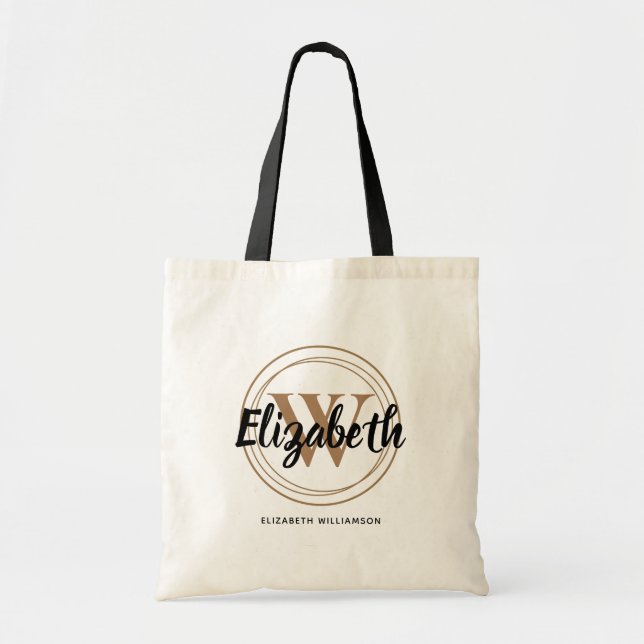 Chic Gold Monogram Initial Script Name Tote Bag (Front)
