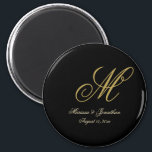 Chic Gold Monogram Script Black Wedding Magnet<br><div class="desc">These elegant black custom monogram wedding magnet will add class to your favour gifts. The chic design template features the groom's last name monogram initial along with the bride's and groom's first names and wedding date in faux gold to personalise. Please check out our I Love Weddingz shop to find...</div>