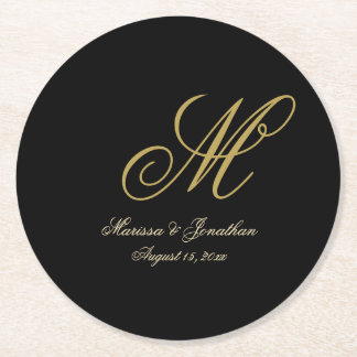 Chic Gold Monogram Script Black Wedding Round Paper Coaster