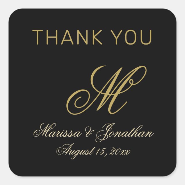 Chic Gold Monogram Script Black Wedding Thank You Square Sticker (Front)
