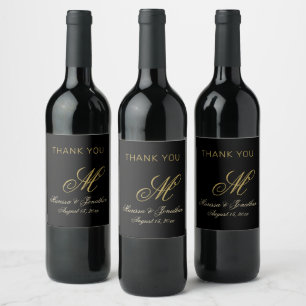Chic Gold Monogram Script Black Wedding Wine Label