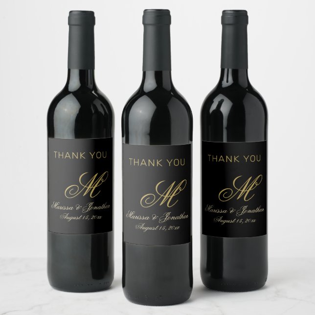 Chic Gold Monogram Script Black Wedding Wine Label (Bottles)