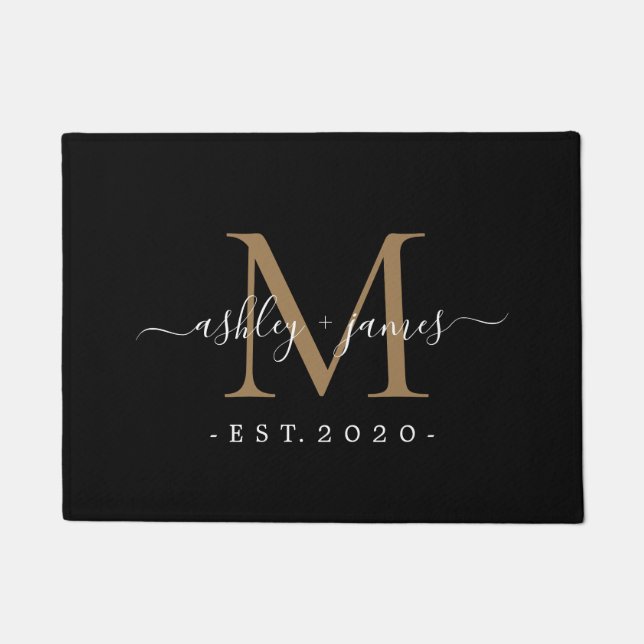 Chic Gold Monogram Script Names Wedding Date Black Doormat (Front)
