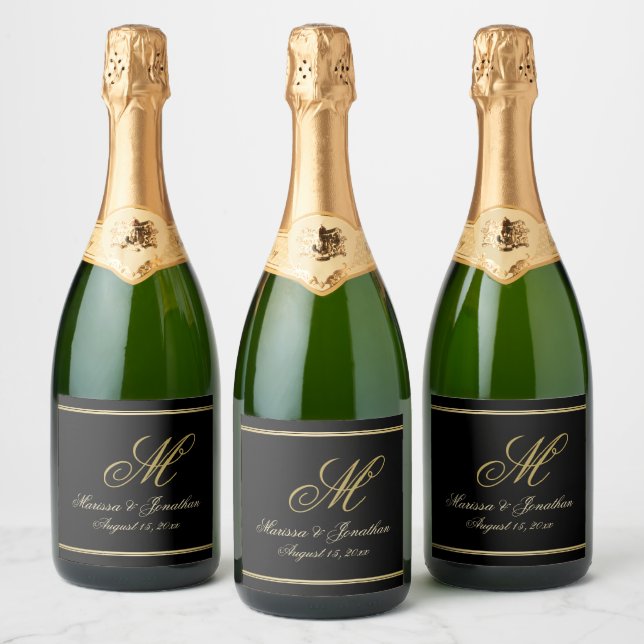 Chic Gold Monogram Script Typography Black Wedding Sparkling Wine Label (Bottles)