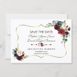 Chic Gold Navy Blue Merlot Floral Save The Date