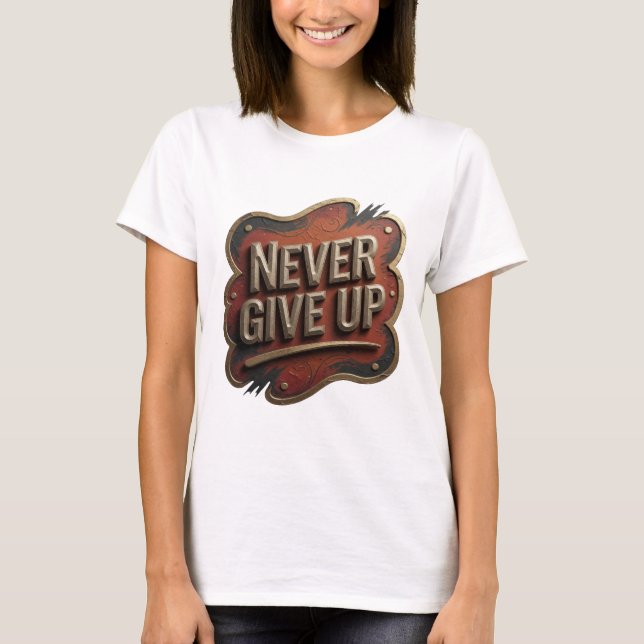 Chic Gold NEVER GIVE UP Print T-Shirt (Front)