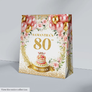 Chic Gold Number 80th Birthday Blush Floral Party  Medium Gift Bag